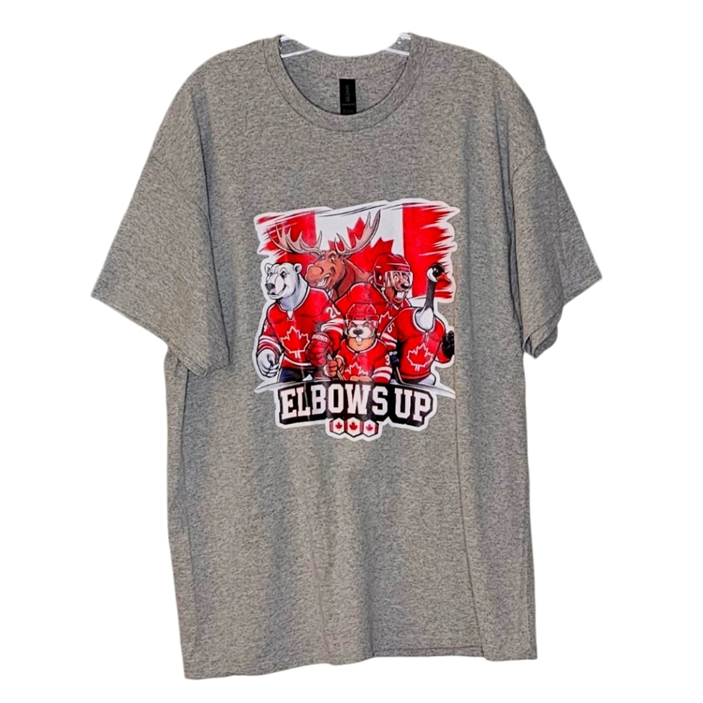 Gildan Heather Grey Graphic Tee Elbows Up Canada Hockey Team unisex XL